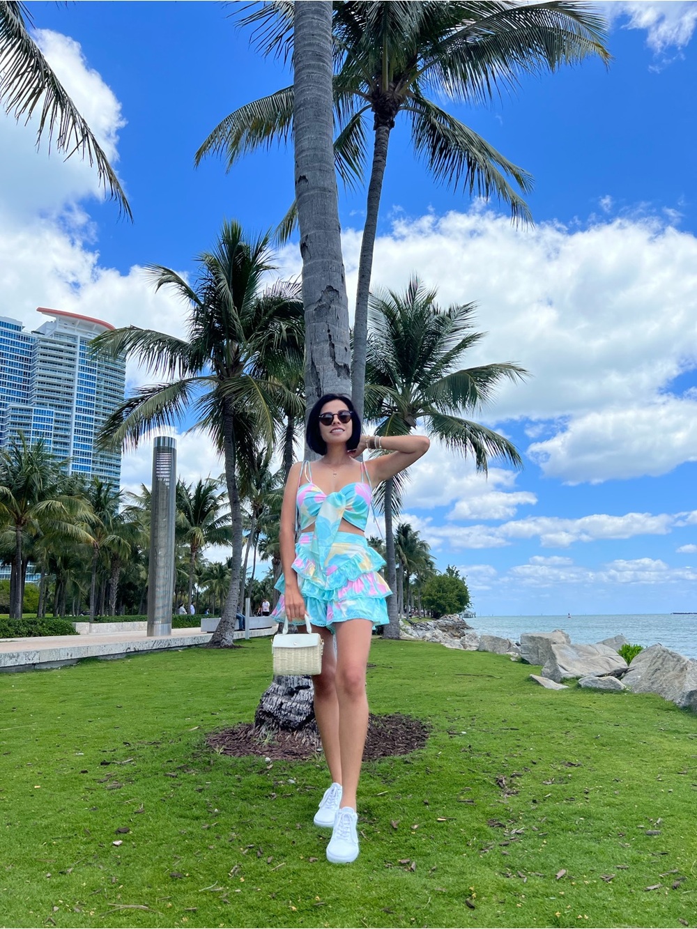 O. Vianca Pastel Floral Tie-Front Mini Dress in Mint, Pink & Cream